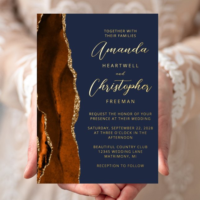 Invitation En Aluminium Mariage Agate Orange Brûlé Or Script Bleu Nuit (Créateur téléchargé)