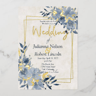 Invitation En Aluminium Mariage aquarelle bleu floral et cadre or