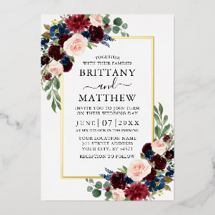 Invitation En Aluminium Mariage Aquarelle Bordeaux Bleu Floral Or