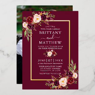 Invitation En Aluminium Mariage Aquarelle Fleurs Photo Bordeaux Or