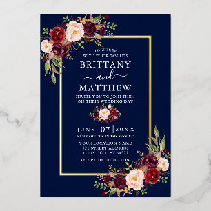 Invitation En Aluminium Mariage Aquarelle Floral Bourgogne Bleu Or