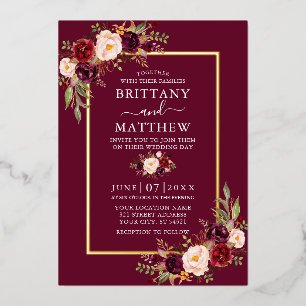 Invitation En Aluminium Mariage Aquarelle Floral Bourgogne Or