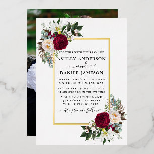 Invitation En Aluminium Mariage Aquarelle Floral Feuillage Photo Or