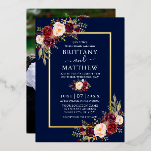 Invitation En Aluminium Mariage Aquarelle Floral Photo Bleu Or