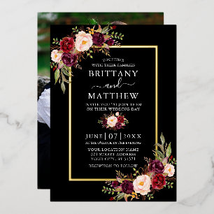 Invitation En Aluminium Mariage Aquarelle Floral Photo Noir Or