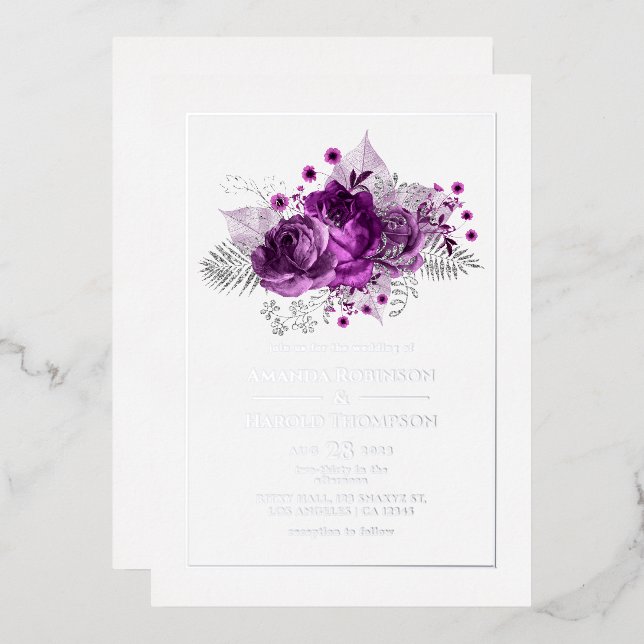 Invitation En Aluminium Mariage aquarelle prune et argent (Recto/Verso)
