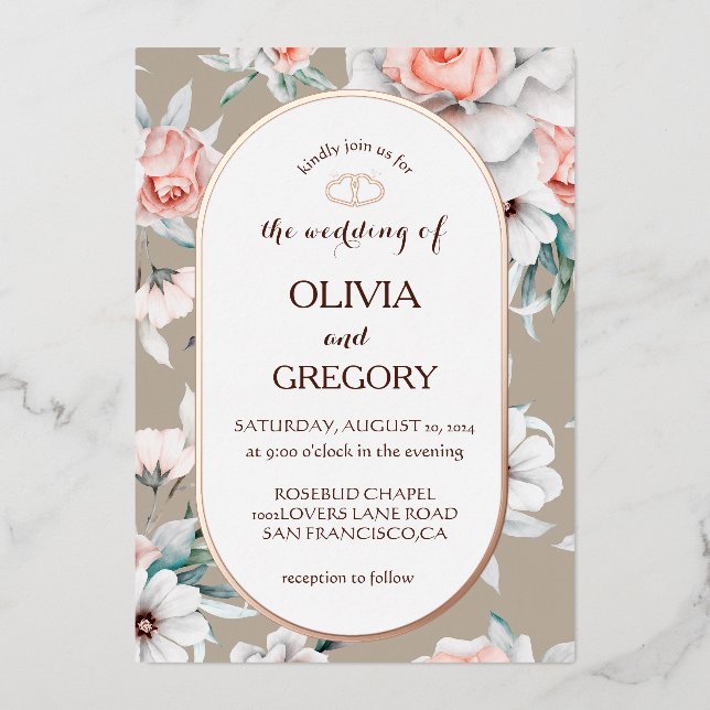 Invitation En Aluminium Mariage aquarelle rose floral or élégant (Recto)