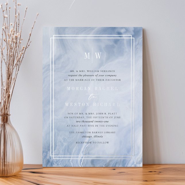 Invitation En Aluminium Mariage Argent Monogramme Opale Bleue (Créateur téléchargé)