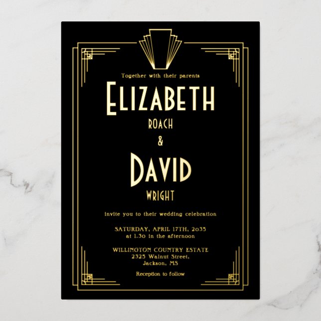 Invitation En Aluminium mariage Art Déco années 1920 Noir Et Or (Recto)