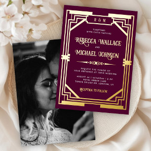 Invitation En Aluminium Mariage Art Déco Géométrique Vintage Or Prune