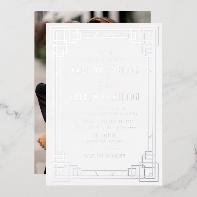 Invitation En Aluminium Mariage Art Déco Moderne Argent (Recto/Verso)