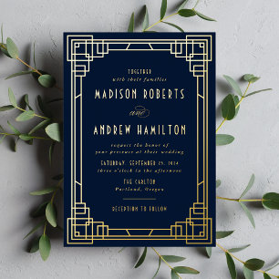 Invitation En Aluminium Mariage Art Déco Moderne Bleu Marine et Or