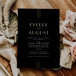 Invitation En Aluminium Mariage Art Déco Moderne EVERLY Noir et Or Foil