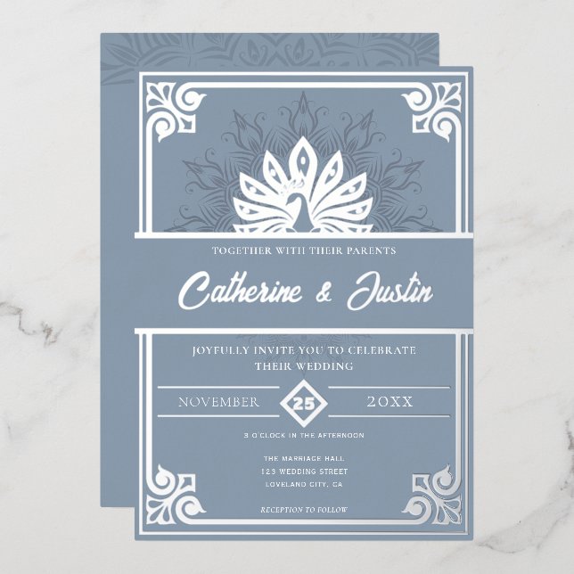 Invitation En Aluminium Mariage Art Déco Moderne Paon Argent (Recto/Verso)