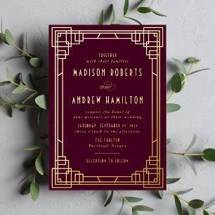 Invitation En Aluminium Mariage Art Déco Moderne Vin et Or