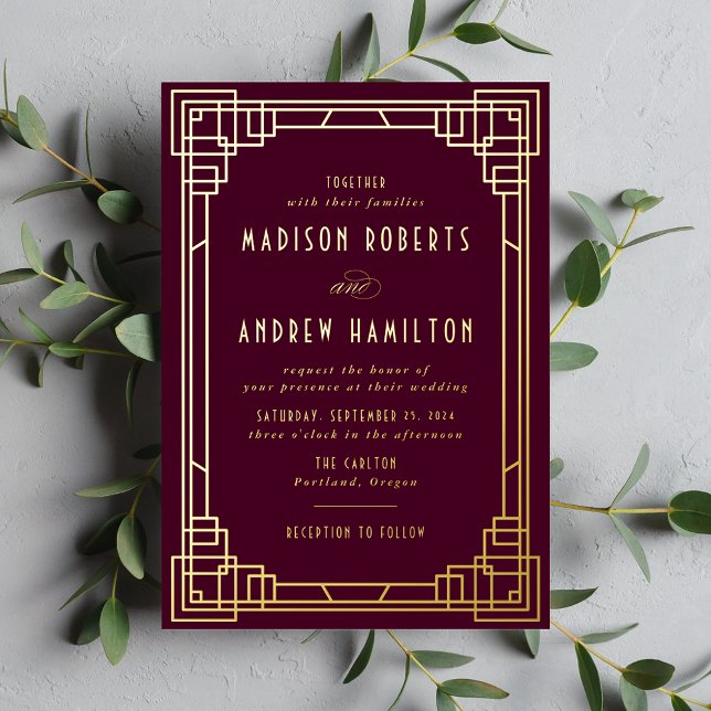 Invitation En Aluminium Mariage Art Déco Moderne Vin et Or (Créateur téléchargé)