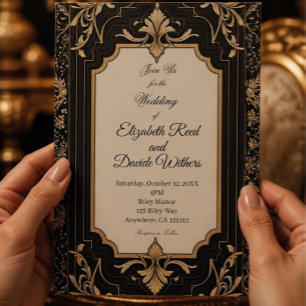 Invitation En Aluminium Mariage Art Déco noir et or vintage