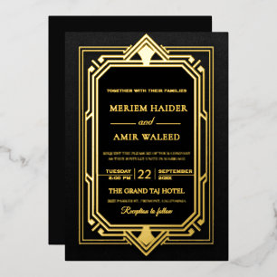 Invitation En Aluminium Mariage Art Déco noir et or vintage