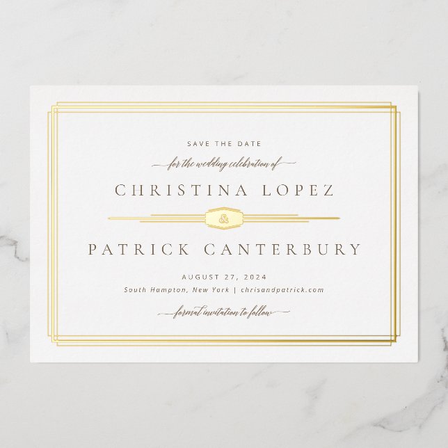 Invitation En Aluminium Mariage Art Déco, Sauvegarder la Date (Recto)