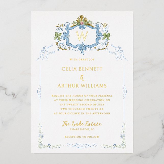 Invitation En Aluminium Mariage au Blason Monogramme Bleu Rococo (Recto)