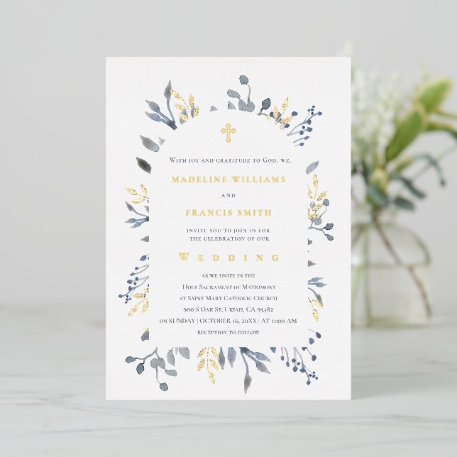 Invitation En Aluminium mariage au feuillage bleu (Debout devant)