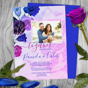 Invitation En Aluminium Mariage au jardin de roses rose vif et bleu royal