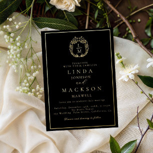 Invitation En Aluminium Mariage au monogramme de crête botanique noir et o