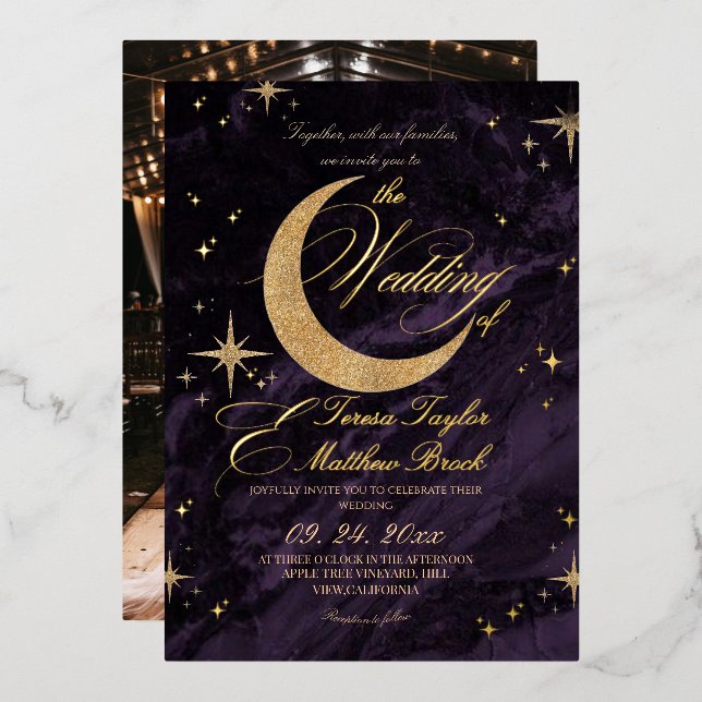 Invitation En Aluminium Mariage au papier doré et violet céleste  (Recto/Verso)