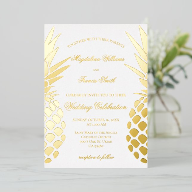 Invitation En Aluminium mariage aux ananas dorés (Debout devant)