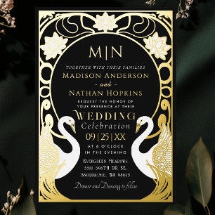 Invitation En Aluminium Mariage aux cygnes élégants Art nouveau noir