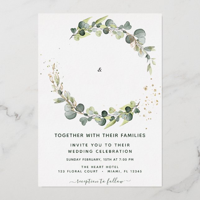 Invitation En Aluminium Mariage avec verdure d'eucalyptus (Recto)