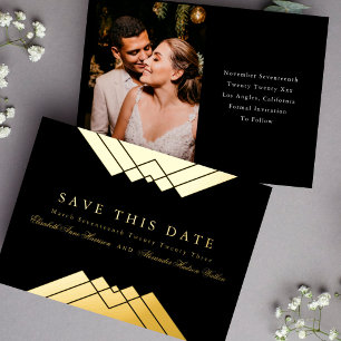 Invitation En Aluminium Mariage Black Geometry Gold Enregistrer la date