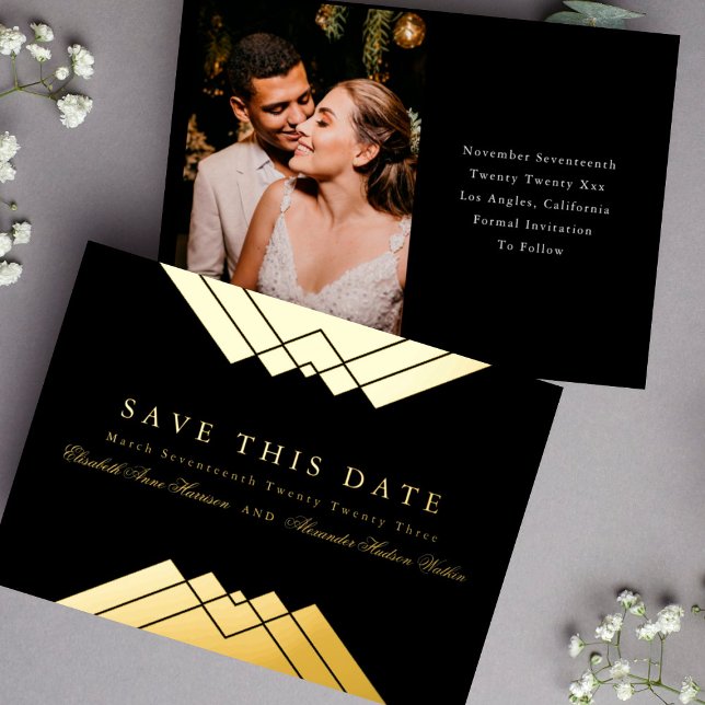 Invitation En Aluminium Mariage Black Geometry Gold Enregistrer la date (Créateur téléchargé)