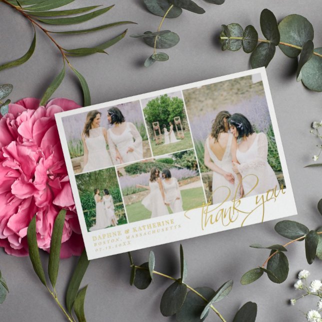 Invitation En Aluminium Mariage Blanc Collage Photo Écriture Dorée Merci (Créateur téléchargé)