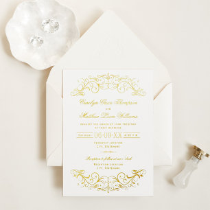 Invitation En Aluminium Mariage blanc vintage Gold