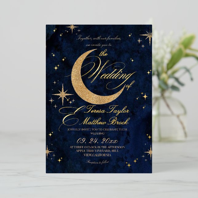 Invitation En Aluminium Mariage bleu céleste et feuille d'or  (Debout devant)