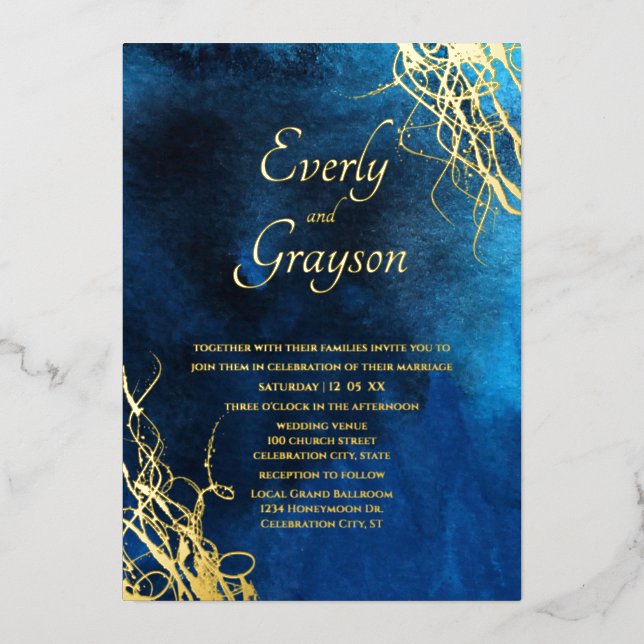 Invitation En Aluminium Mariage bleu et or (Recto)