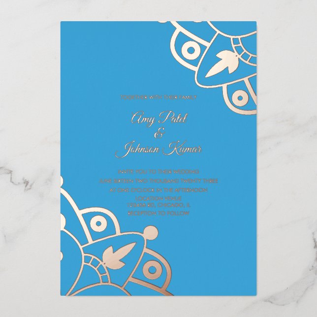 Invitation En Aluminium Mariage bleu indien moderne Mandala (Recto)