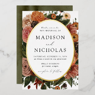 Invitation En Aluminium Mariage Bohème Automnal avec Cadre Ovale Floral