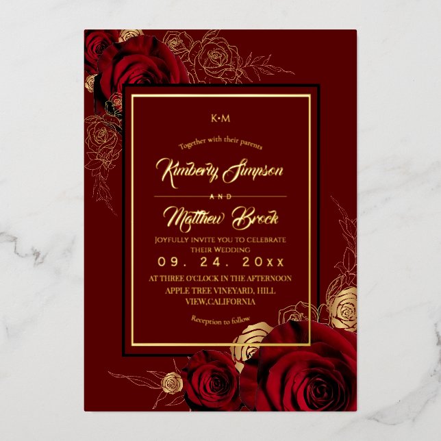 Invitation En Aluminium Mariage Bohème aux Roses Bourguignonnes Royales (Recto)