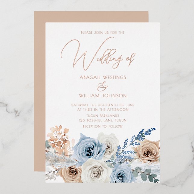 Invitation En Aluminium Mariage Bohème Bleu Feuille d'Or Rose (Recto/Verso)