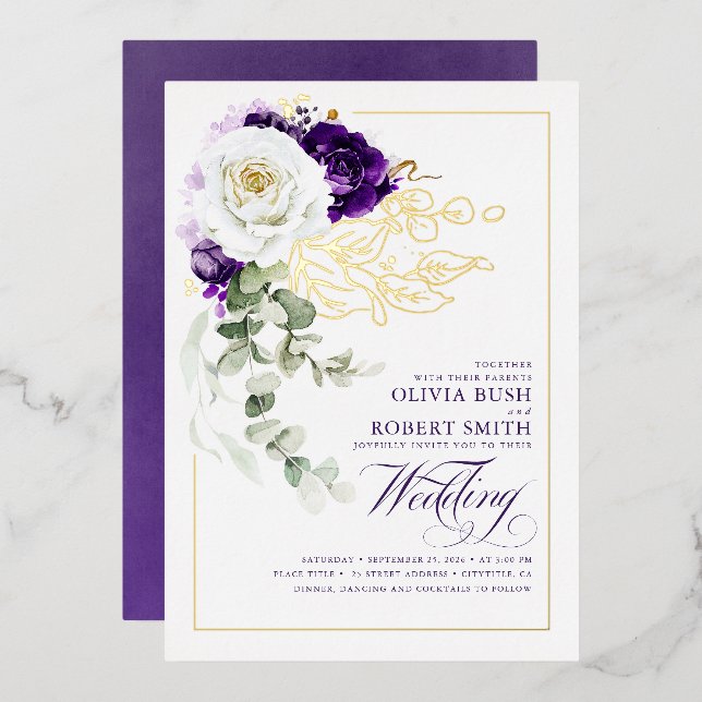 Invitation En Aluminium Mariage Bohème Floral Violet et Blanc d'Aubergine (Recto/Verso)