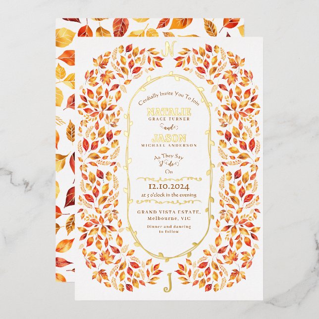 Invitation En Aluminium Mariage Bohème Rustique aux Feuilles Automnales Él (Recto/Verso)