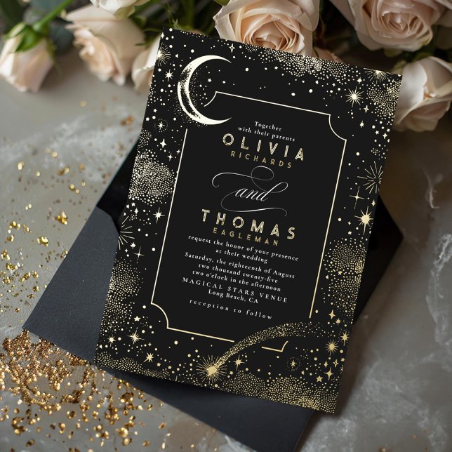 Invitation En Aluminium Mariage Boho de nuit étoilé de la lune de croissan (Starry Night Celestial Wedding Invitation Real Gold Foil)