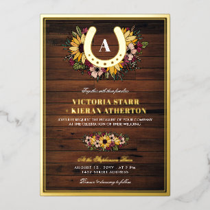 Invitation En Aluminium Mariage Bois Monogramme Fer à Cheval Tournesols Do