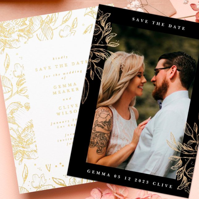 Invitation En Aluminium Mariage botanique de la main moderne noire Photo S (Créateur téléchargé)