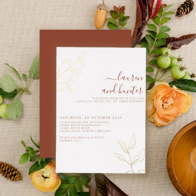Invitation En Aluminium Mariage Botanique en Terracotta Script Gold (Créateur téléchargé)