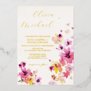 Invitation En Aluminium Mariage botanique floral rose Fleurs jaunes Or