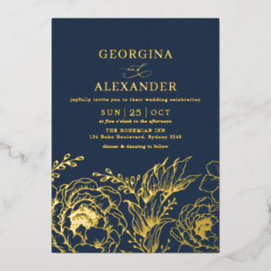 Invitation En Aluminium Mariage Botanique Moderne à la Mode Bleu Nuit Or