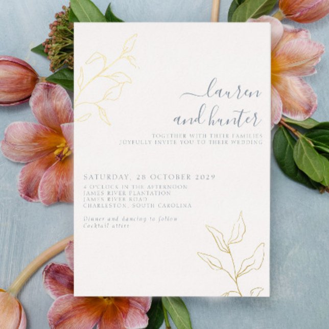 Invitation En Aluminium Mariage Botanique Moderne Bleu Poussiéreux Écritur (Créateur téléchargé)